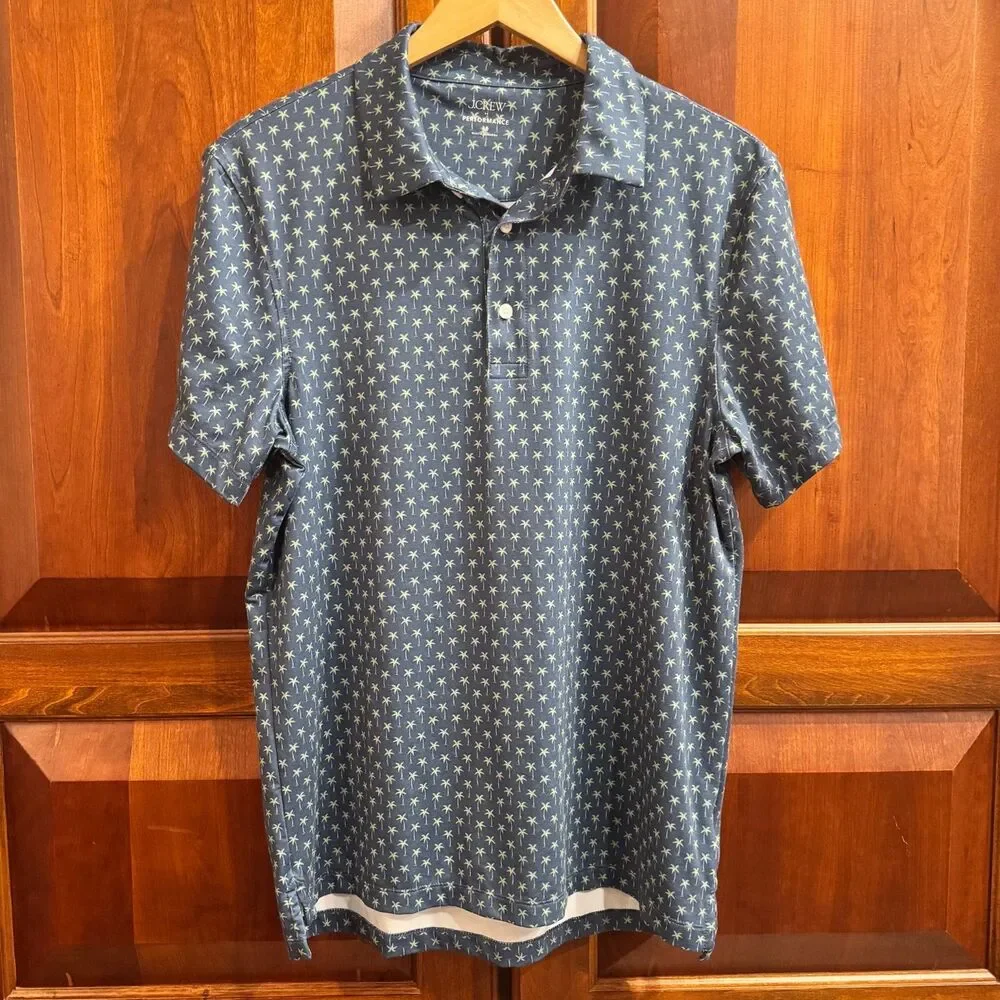 J.Crew Performance Men's Blue Lime Green Palm Tree Print Polo Shirt Medium